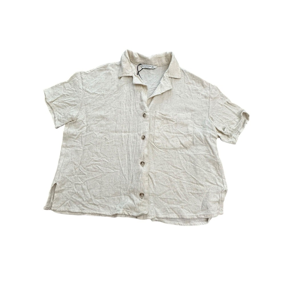 Stradivarius Top Womens Small Linen Blend Short Sleeve Boxy Shirt Flax #U3